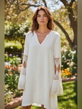 Green Dragon Cream Crochet Bell-Sleeve V-Neck Dress
